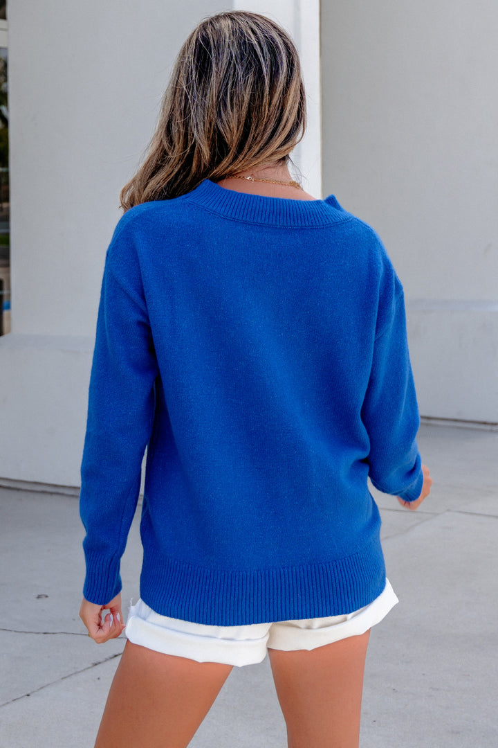 Blue Drop Shoulder Long Sleeve Sweater