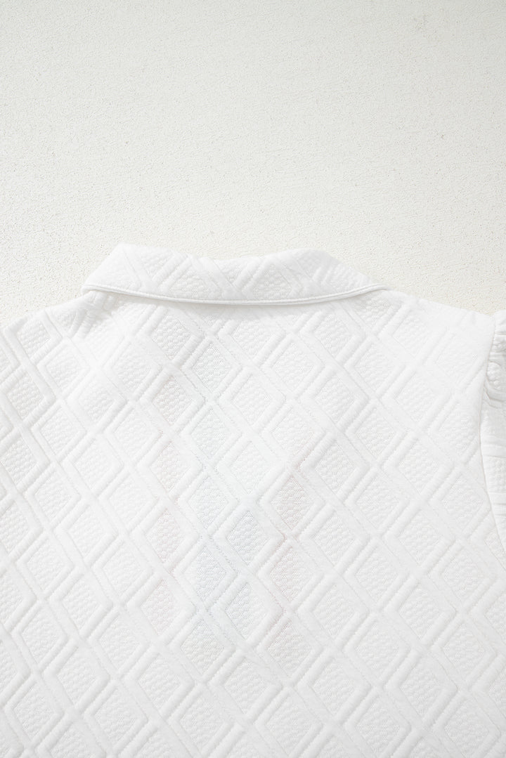 White Textured Jacquard Colorblock Edge Puff Sleeve Quarter Zip Mini Dress