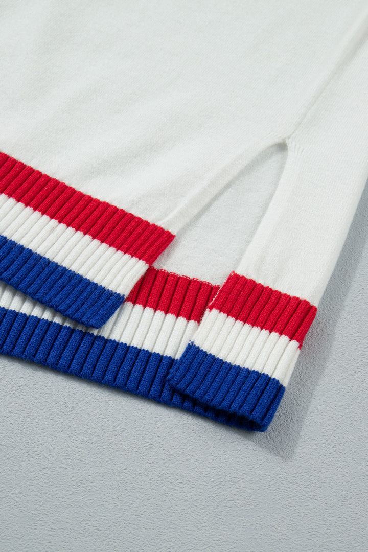 White USA Contrast Striped Trim Round Neck Short Sleeve Sweater