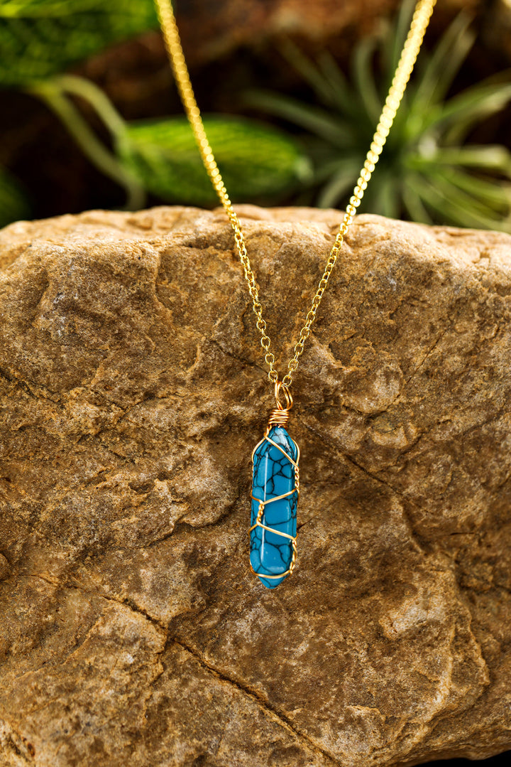 Gold Wire Wrapped Turquoise Pendant Necklace