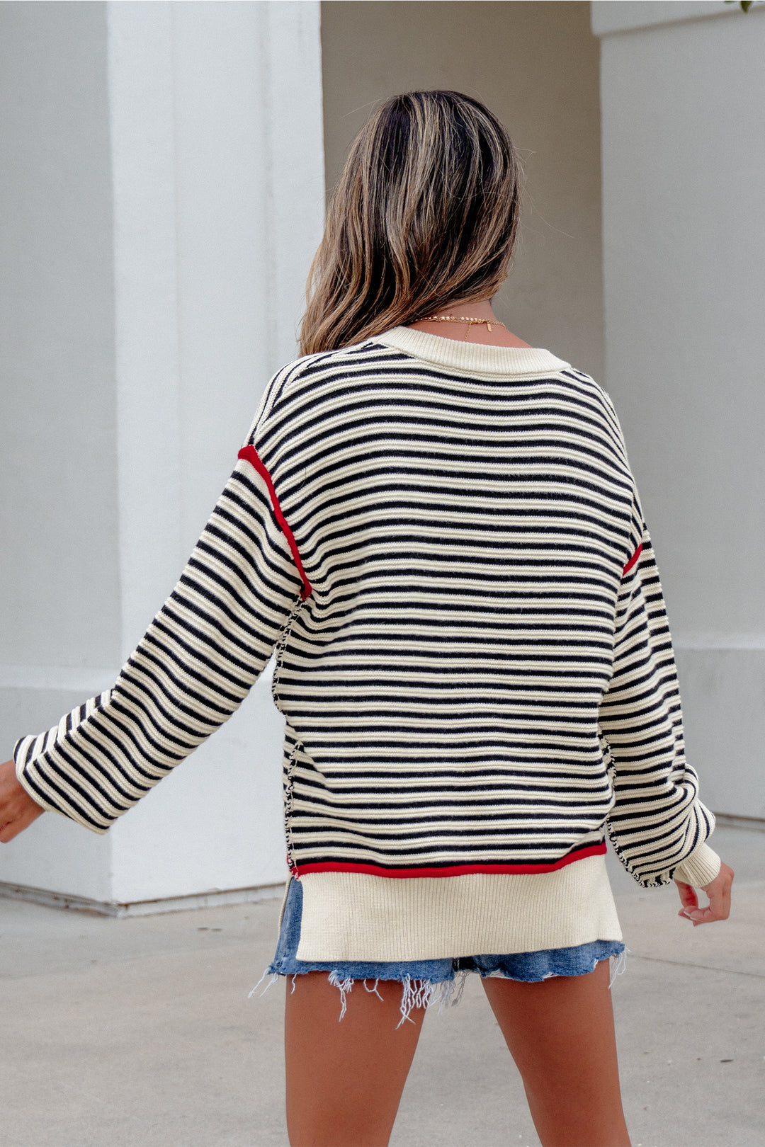Black Stripe Ribbed Trim Drop Shoulder Oversized Sweater