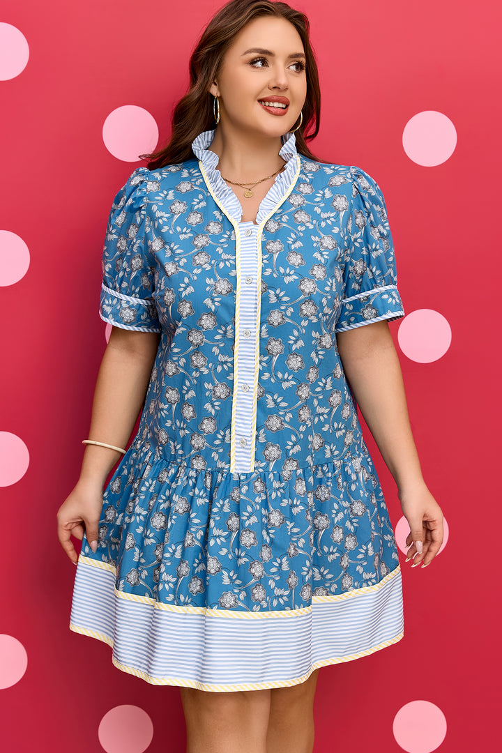 Blue Plus Size Floral Print Striped Patchwork Detail Button Front Ruffle Hem Dress