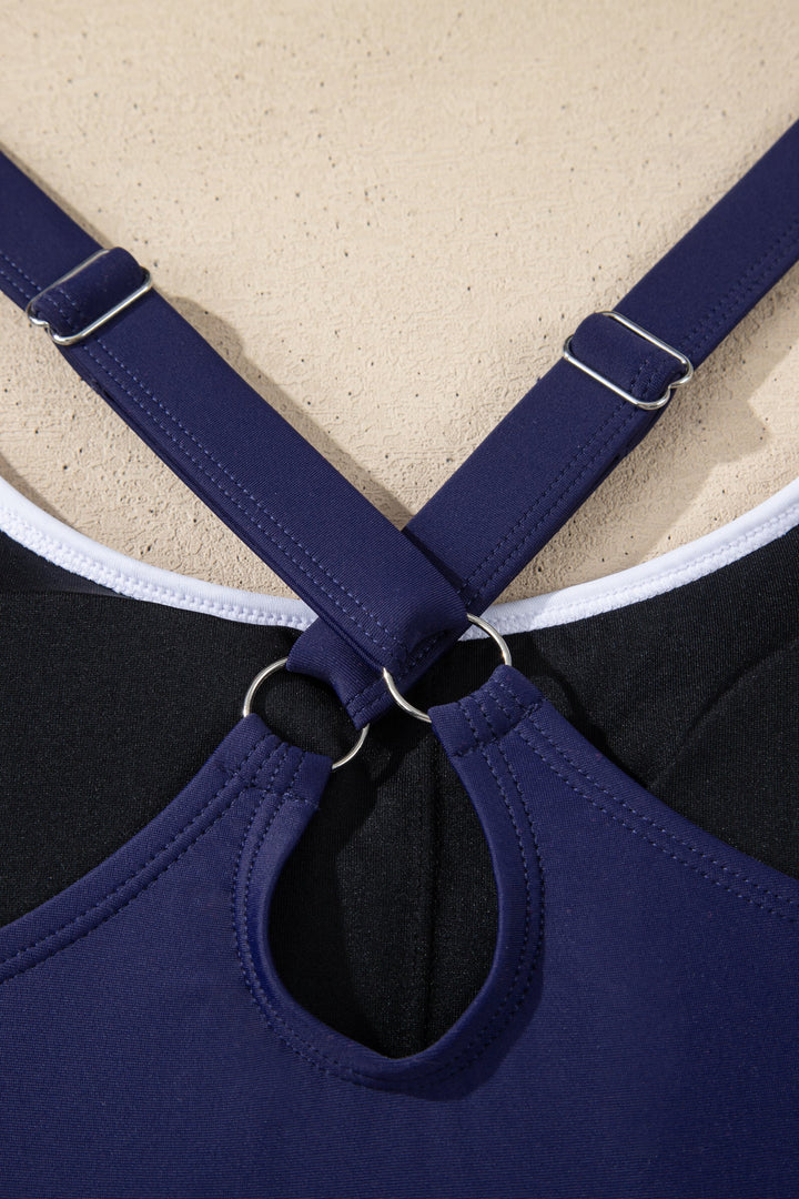 Navy Blue Contrast Edge Ruffled High Waist One Piece Swim Dress