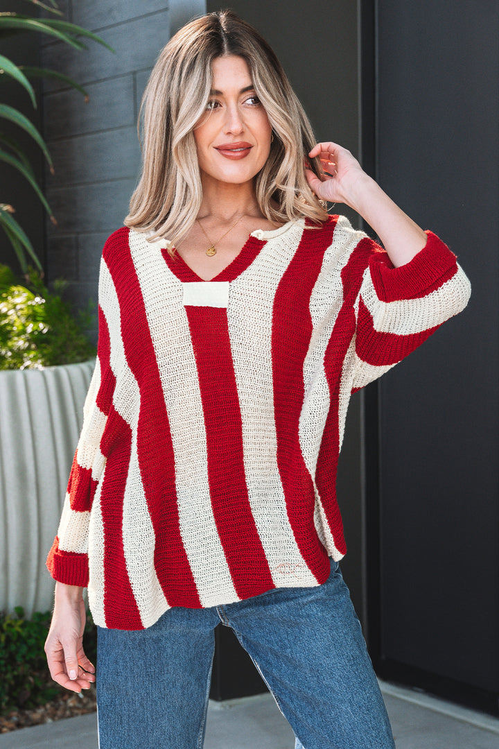 Colorblock V Neck Bracelet Sleeve Sweater