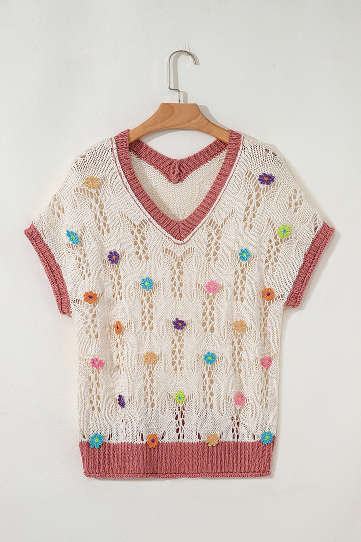 Embroidered Flowers Colorblock Edge Hollowed Sweater