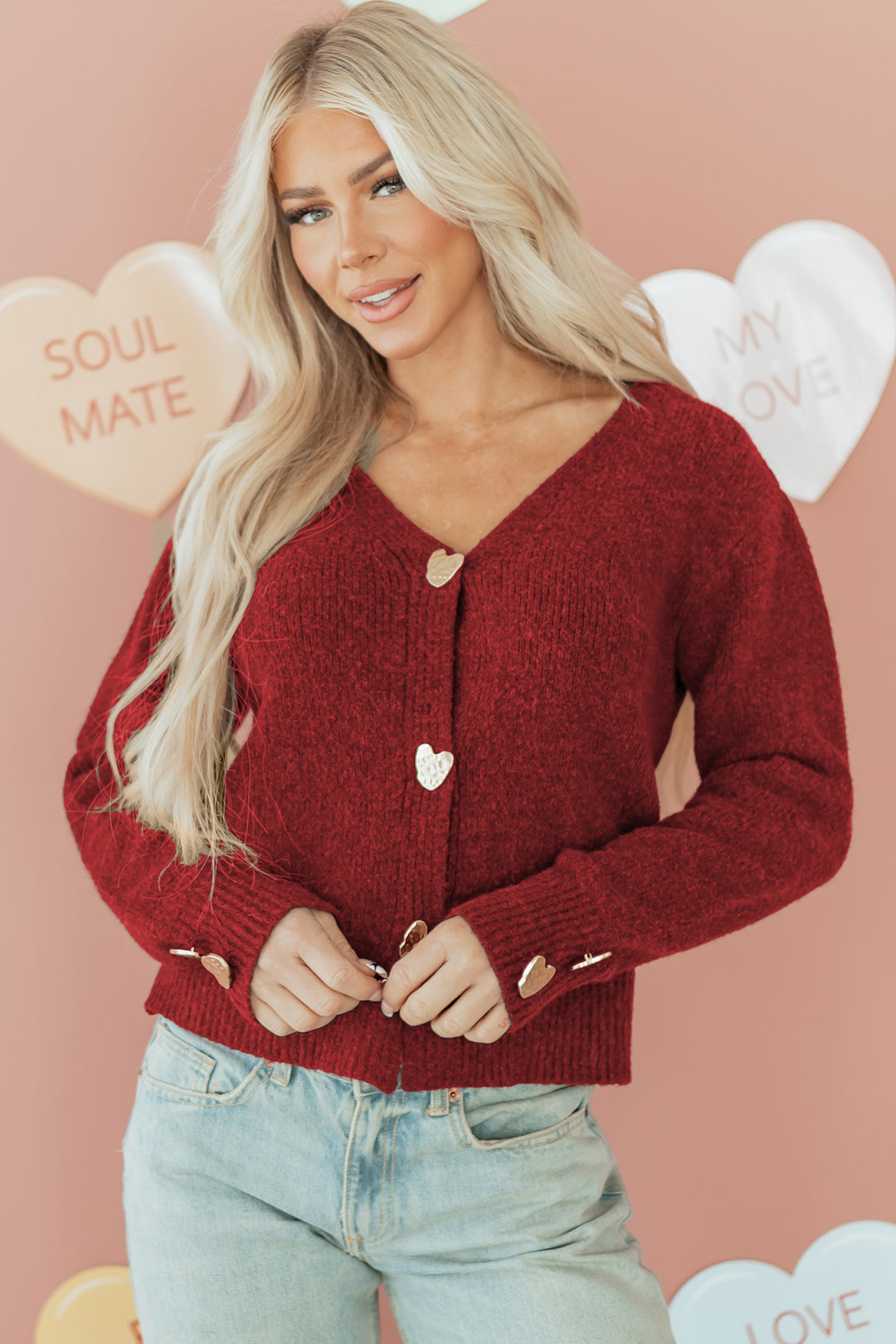 Fiery Red Heart Metal Button V Neck Wool Cardigan Sweater