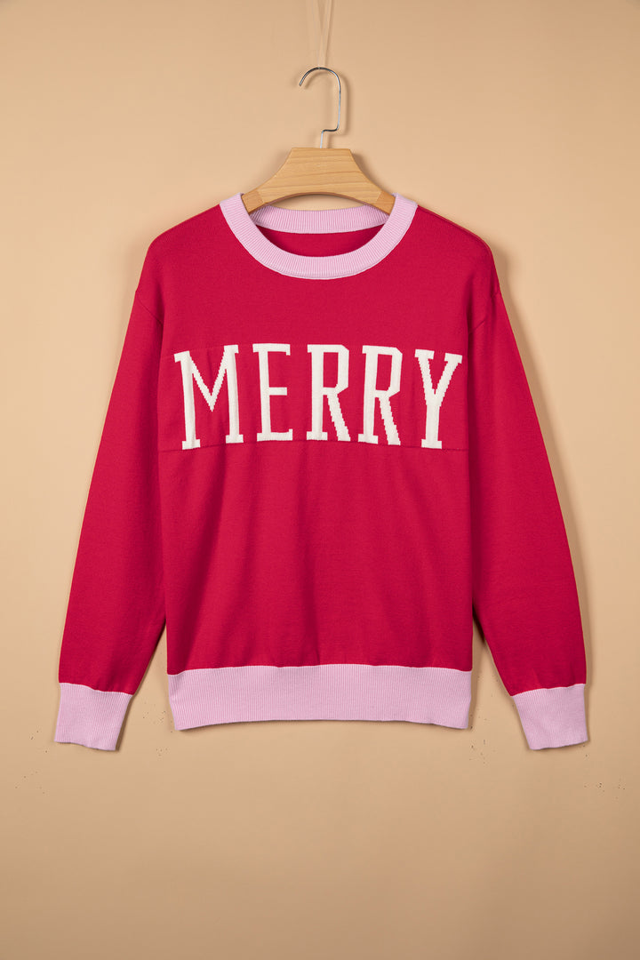 Red Round Neck Letter Print Colorblock Sweater