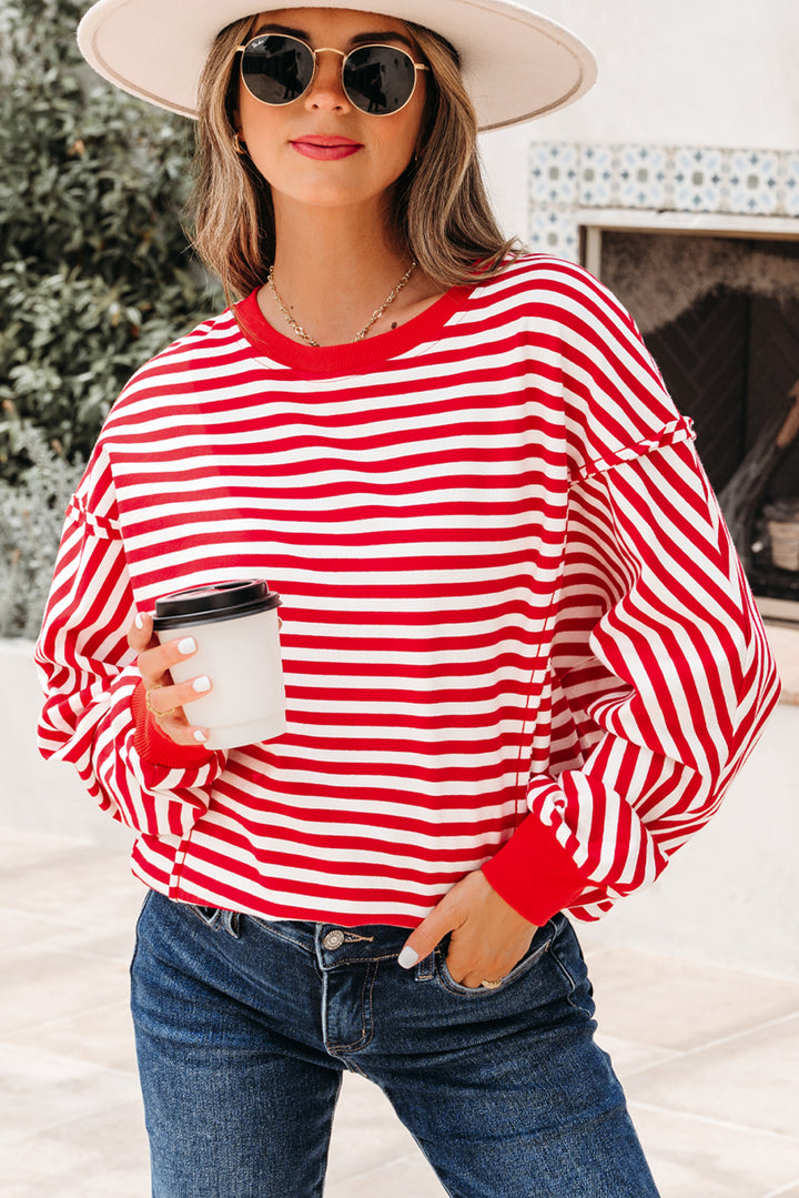 Red Stripe Exposed Seam Cotton Casual Pullover Top