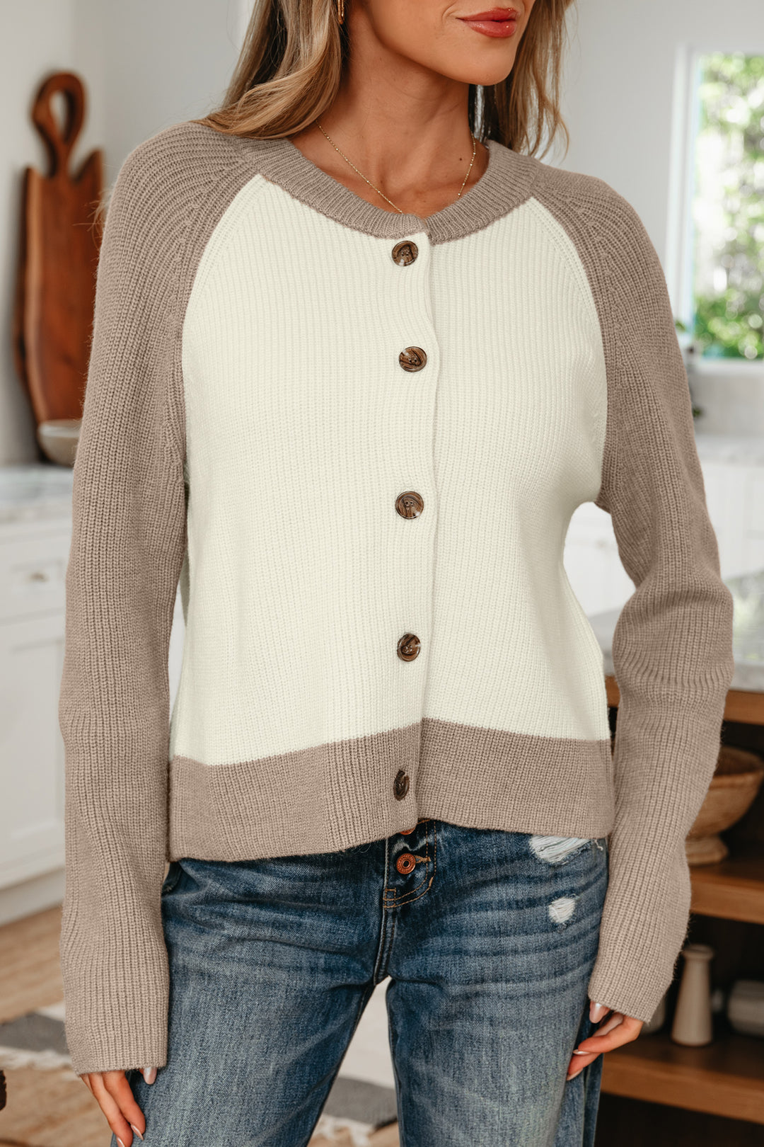 Color Block Ribbed Knit Button Down Sweater Cardigan
