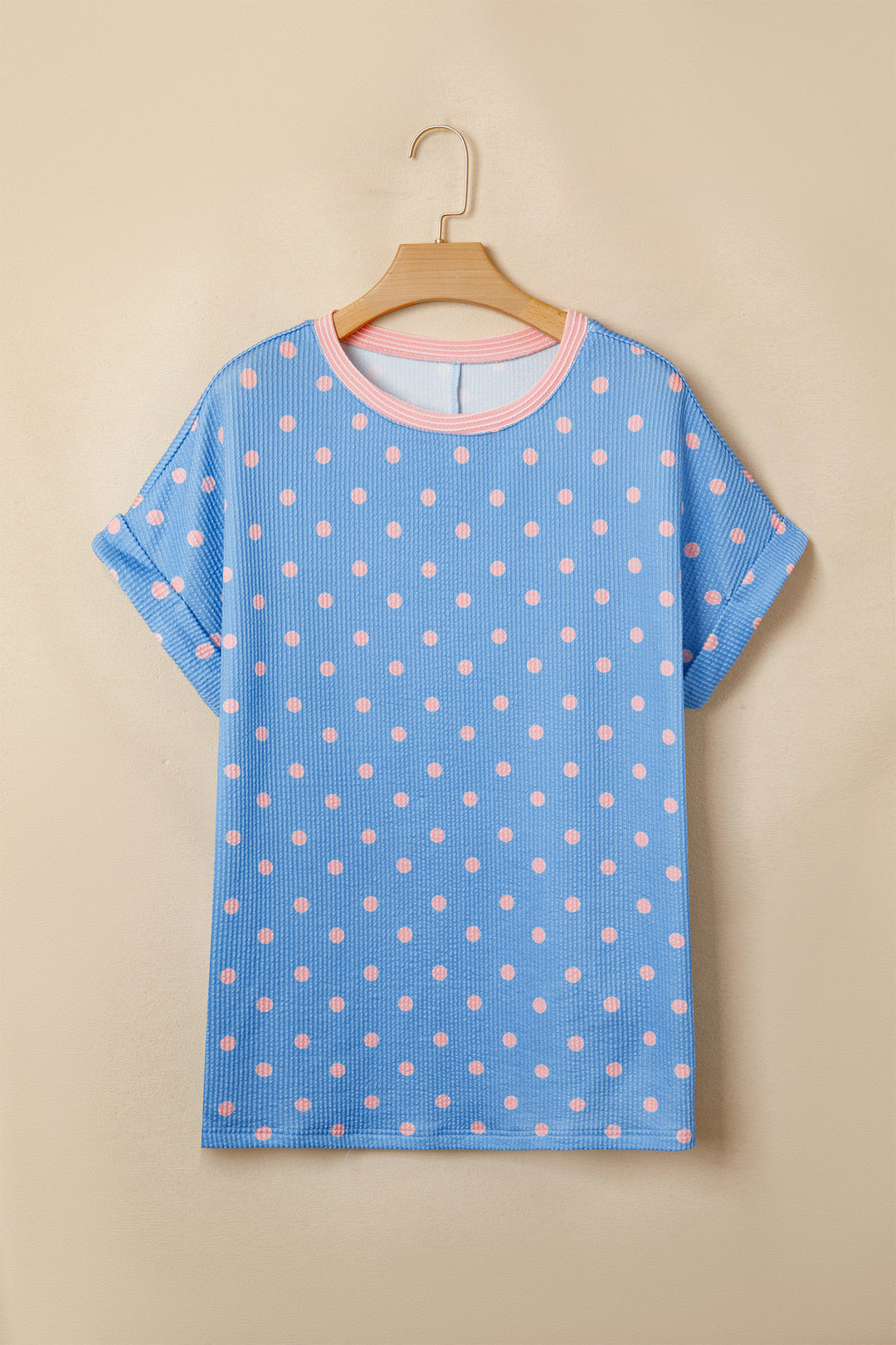 Sky Blue Raised Rib Polka Dot Print Cuffed Short Sleeve Top