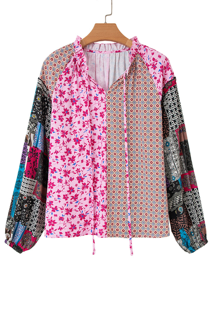 Boho Mixed Floral Drop Shoulder Bubble Sleeve Blouse