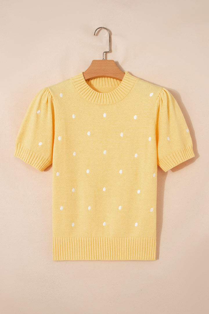 Yellow Cream Elegant Polka Dot Bubble Short Sleeve Sweater