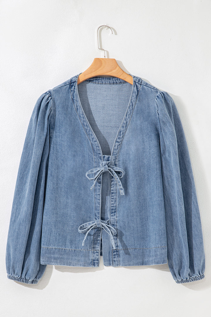 Tied Front Long Puff Sleeve Denim Top