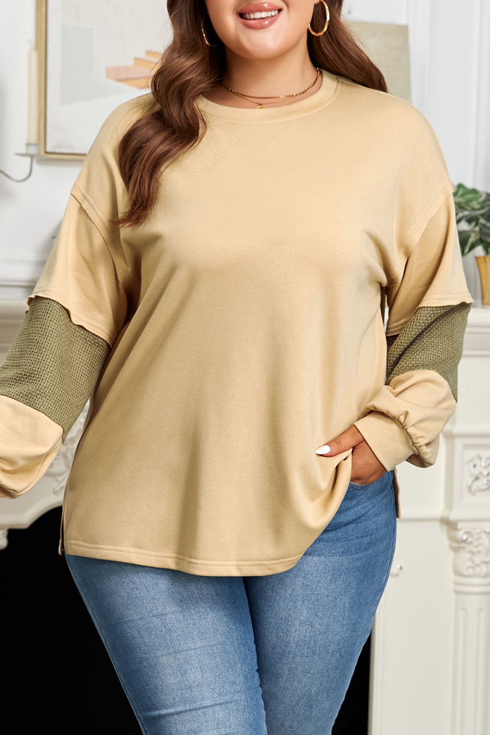 Laurel Green Exposed Seam Contrast Texture Patchwork Plus Size Drop Shoulder Pullover