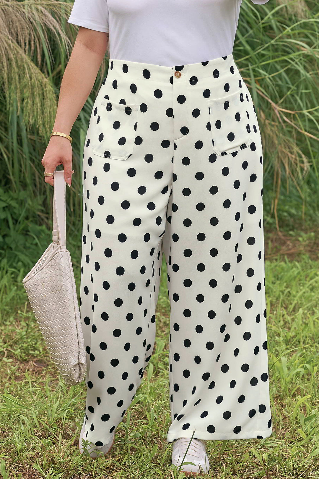 White Plus Size Polka Dot Print Patch Pocket Womens Shift Pants