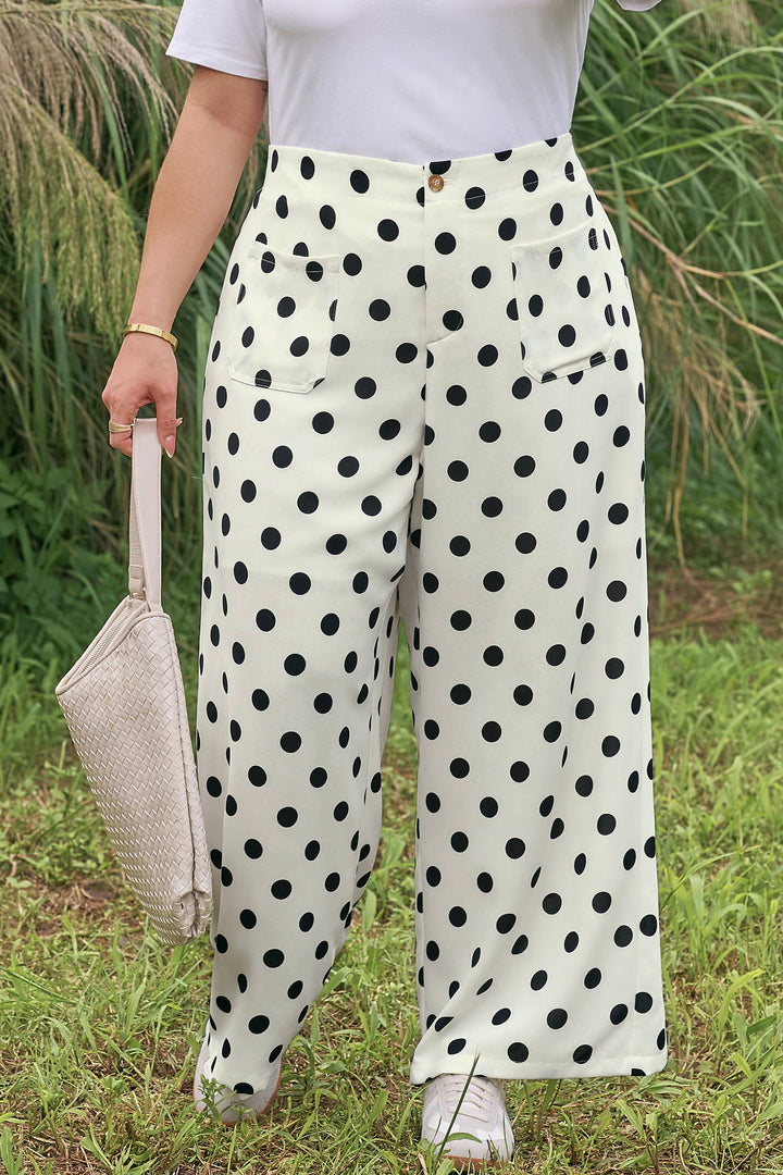 White Plus Size Polka Dot Print Patch Pocket Womens Shift Pants