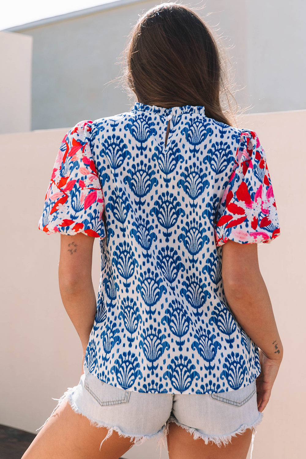 Western Fashion Print Floral Puff Sleeve Frilled Neck Blouse