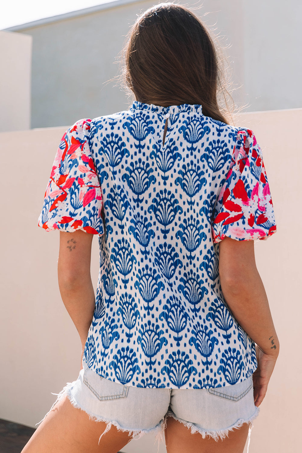 Western Fashion Print Floral Puff Sleeve Frilled Neck Blouse