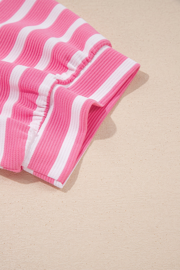 Pink Stripe Short Puff Sleeve Color Block Polo Collar Blouse