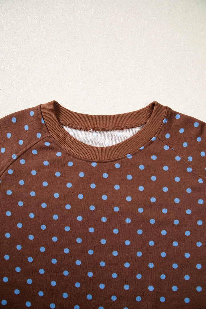 Brown Polka Dot Drawstring Wide Leg Long Sleeve Top Pant Set