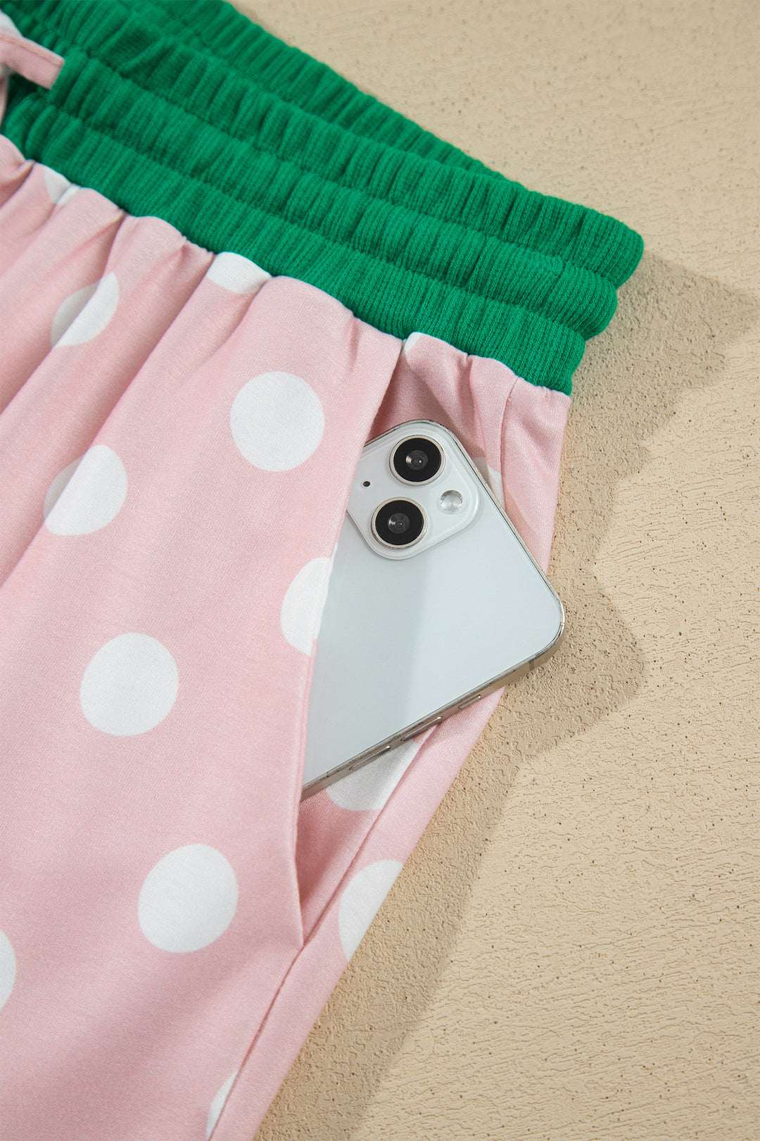 Pink Polka Dot Contrast Trim Long Sleeve Top Drawstring Shift Pants Set