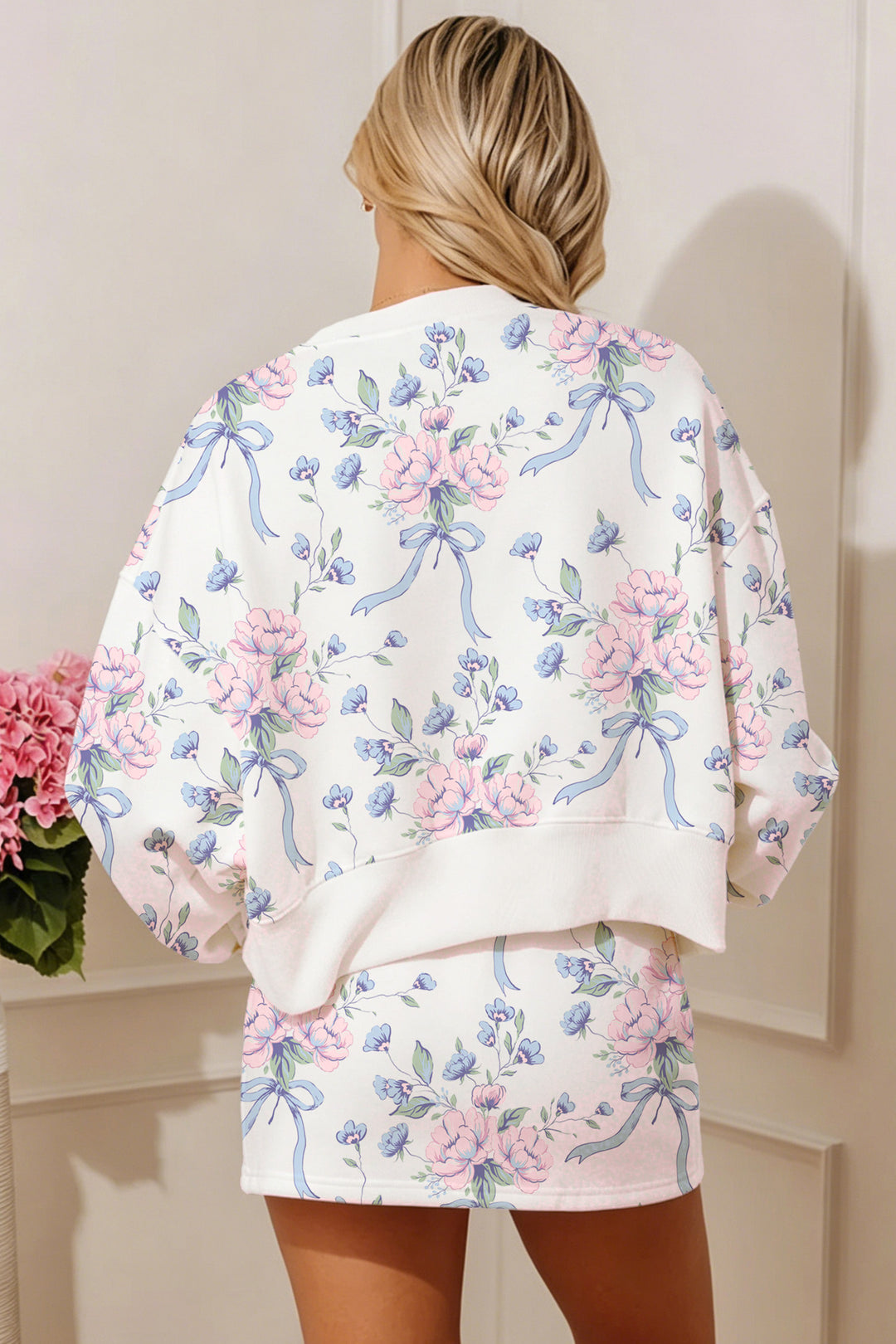 White Floral Print Top Elastic Waist Skort Two Piece Dresses