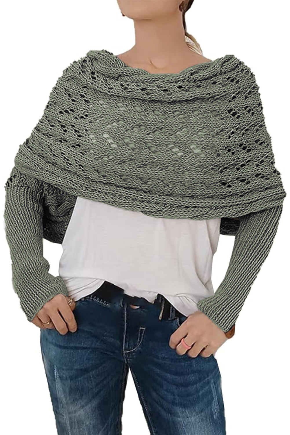 Cross Detail Hollowed Knit Scarf with Sleeves