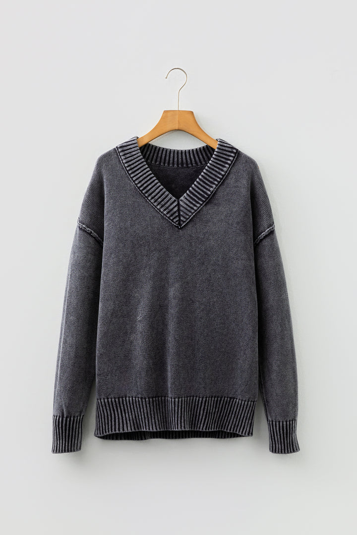 Black Mineral Wash V Neck Knit Exposed Seam Drop Shoulder Loose Sweater