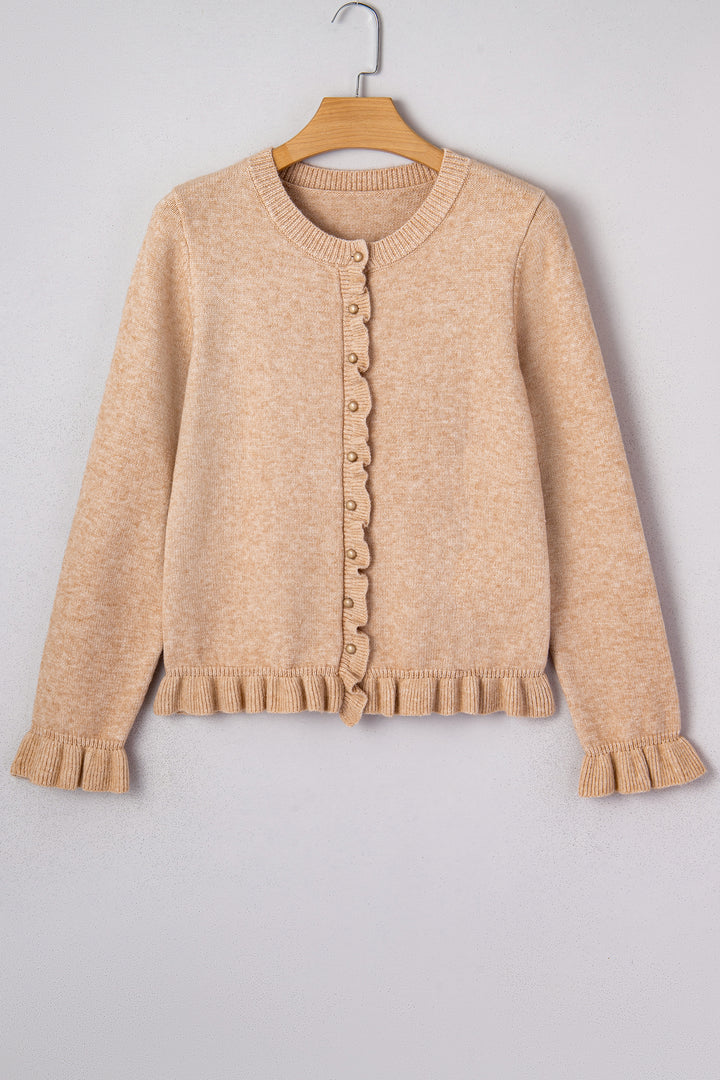 Ruffle Trim Gold Button Sweater Cardigan