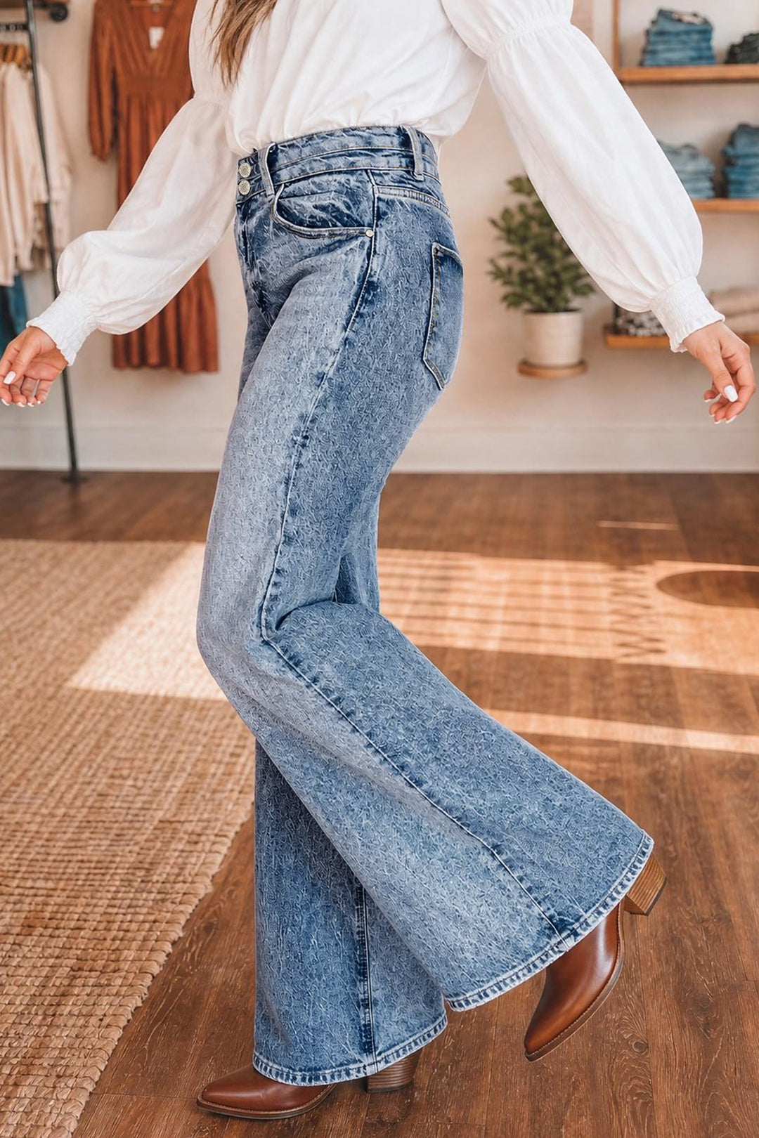 Fashion Beau Blue Acid Wash Pocket Detail Flare Jeans