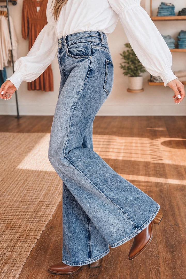 Fashion Beau Blue Acid Wash Pocket Detail Flare Jeans