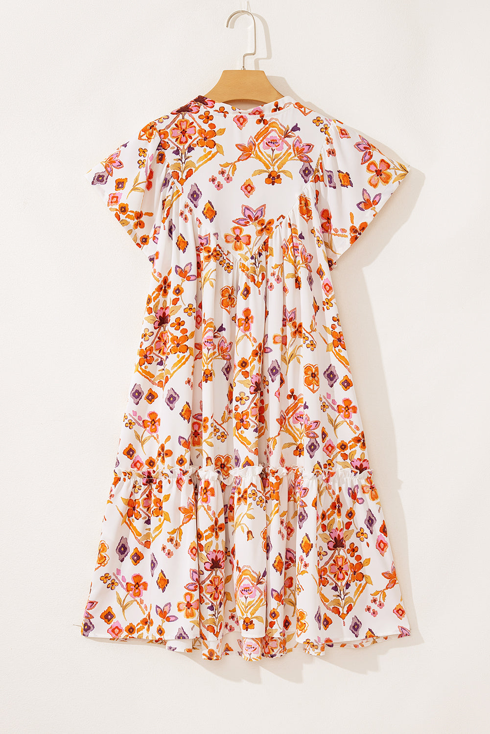Floral Geometric Print Ruffled Trim Flutter Sleeve Mini Dress