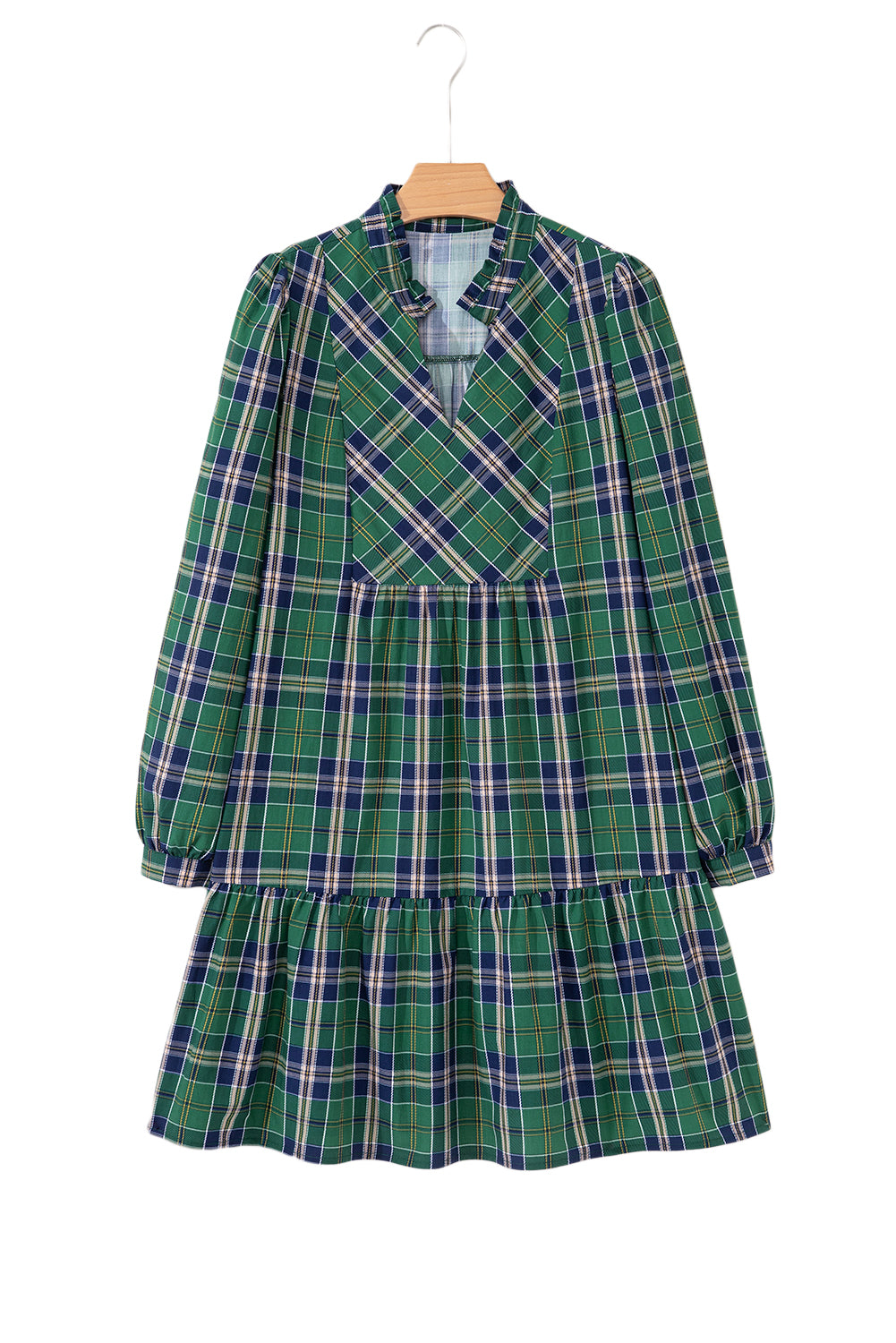 Plaid Print Frilly Collar Long Sleeve Shift Mini Dress