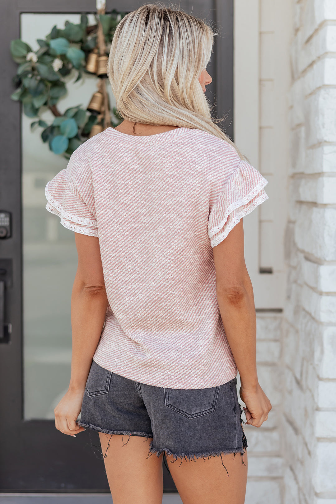 Twilled Print Lace Trim Ruffled Short Sleeve Blouse