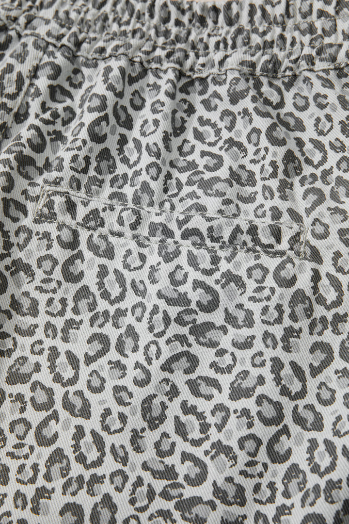 Gray Leopard Print Wrap Front Denim Shorts