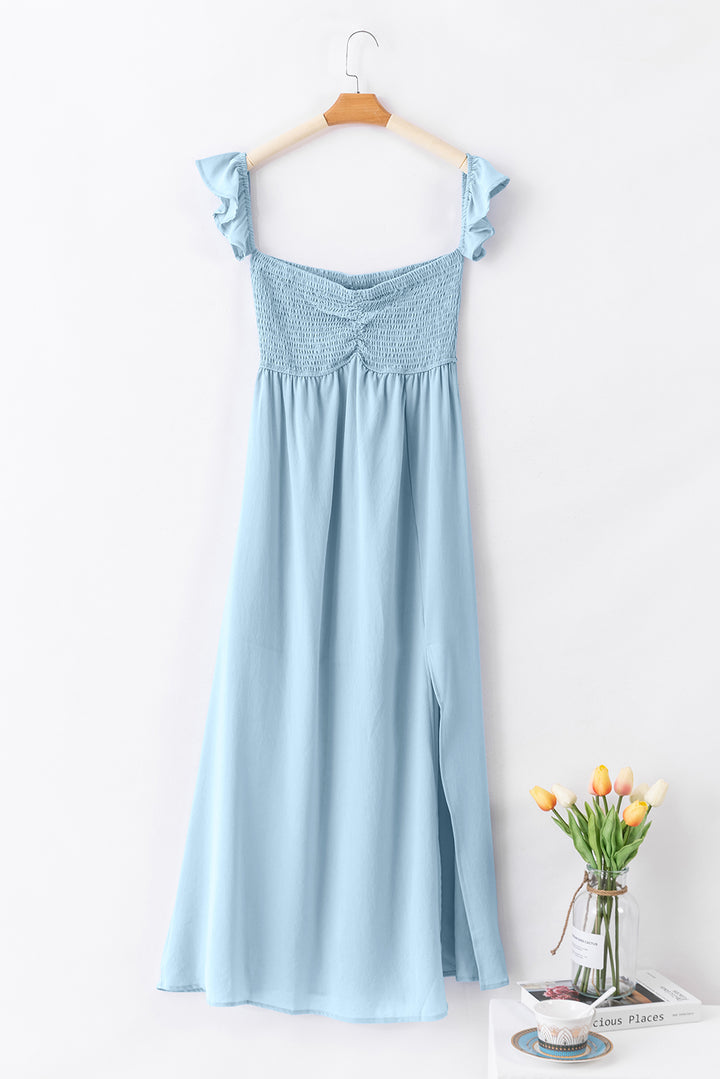 Sky Blue Off Shoulder Ruched Bust Sheer Slit Party Maxi Dress