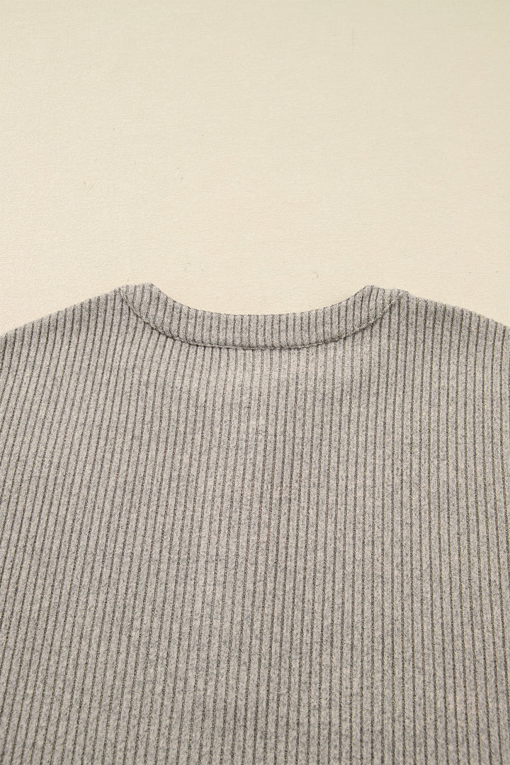 Simply Taupe Plus Size Ribbed Knit Kangaroo Pocket Henley Long Sleeve Top