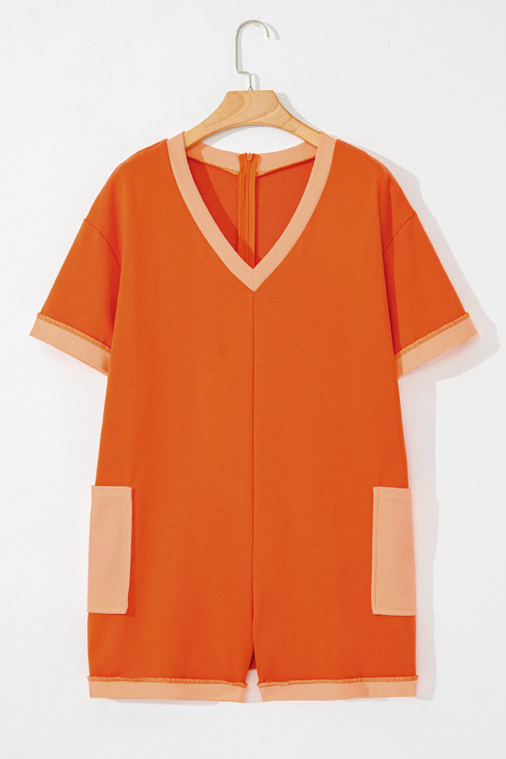 Russet Orange Two-tone Short Sleeve V Neck Patched Pocket Loose Romper