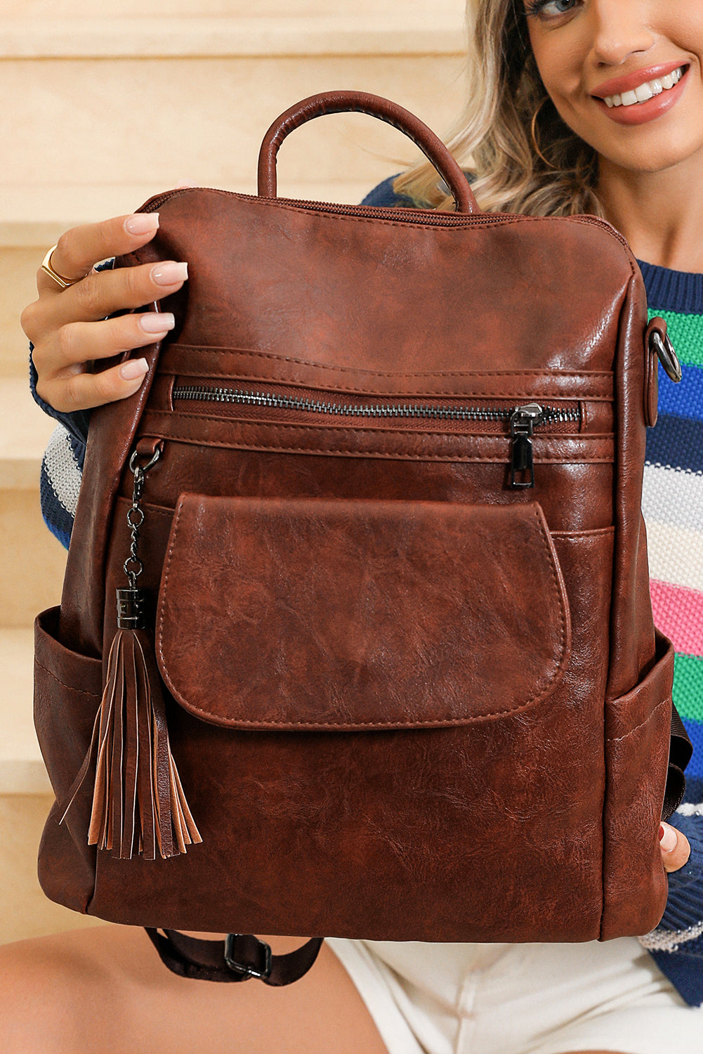 Tassel Decor Retro PU Large Capacity Backpack
