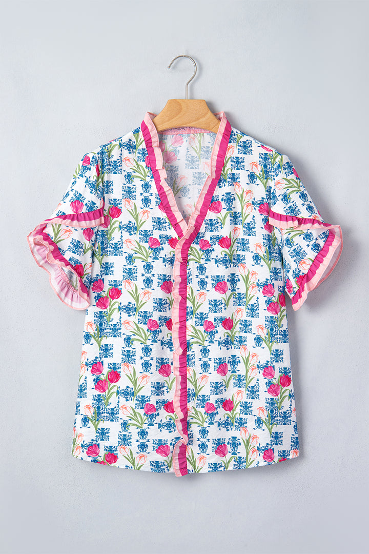 Rose Floral Print Ruffle V-Neck Short Sleeve Loose Tunic Shirt