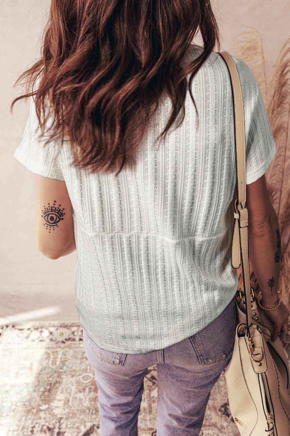 Solid Color Textured Button V Neck Raw Seam Henley Tee