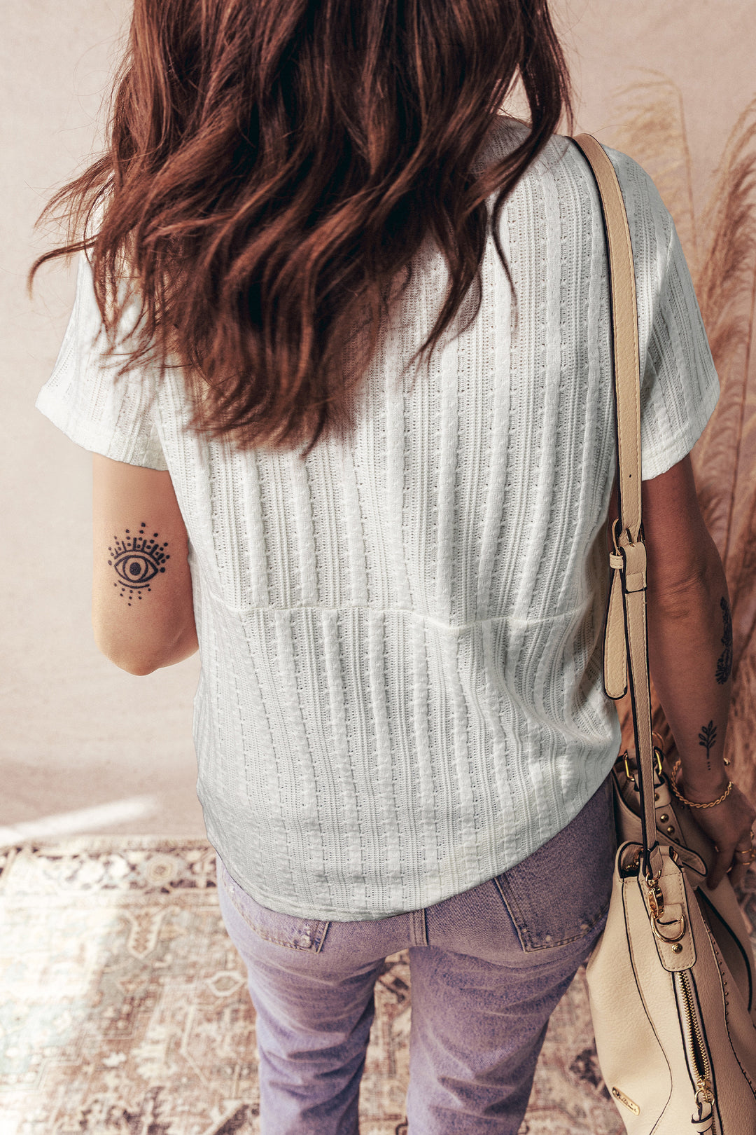 Solid Color Textured Button V Neck Raw Seam Henley Tee