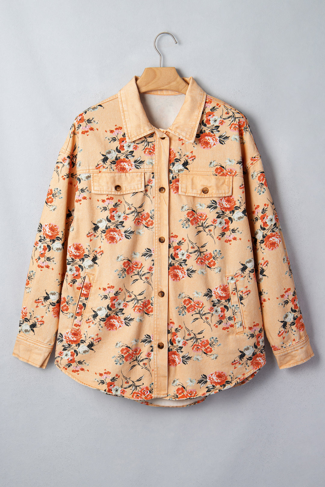 Khaki Floral Print Denim Jacket Shift Silhouette Tunic Length Casual Daily Wear