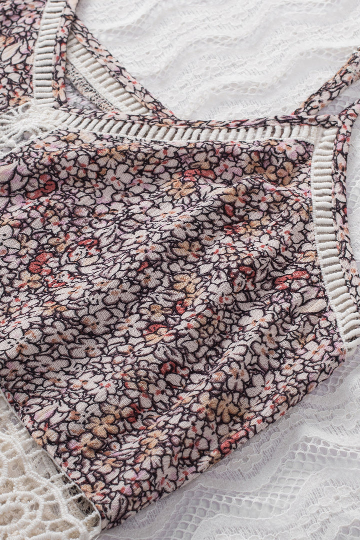 Floral Print Lace Crochet Spaghetti Strap Tank Top