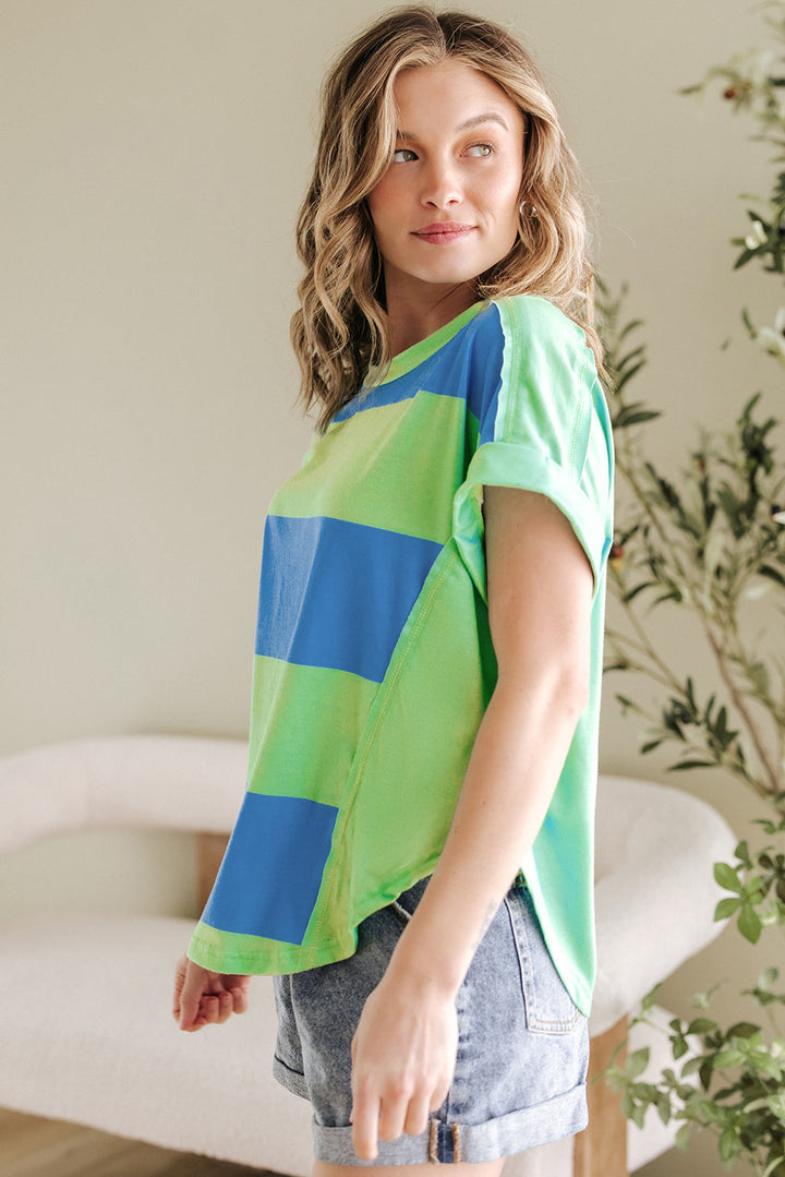 Colorblock Rounded Hem Loose T Shirt