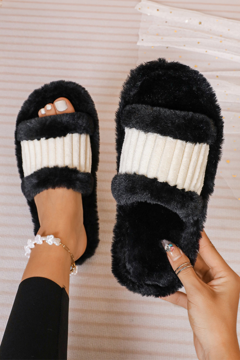 Plush Color Block Contrast Ribbed Patchwork Winter Slippers