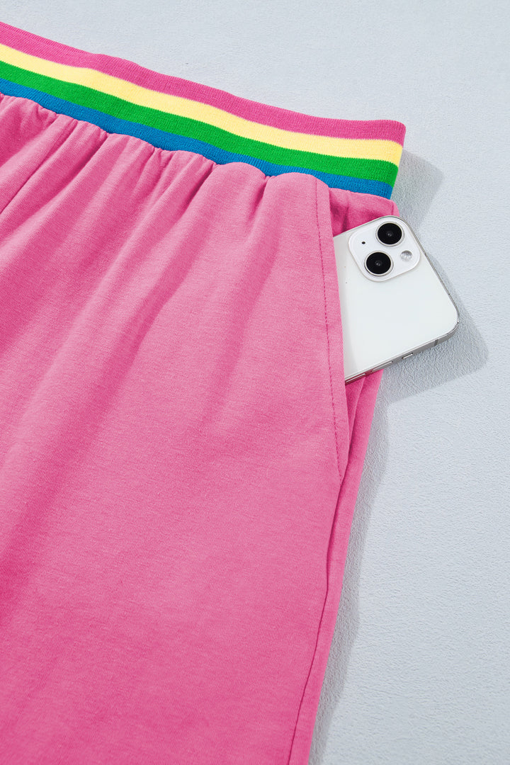Bright Pink Seam Detail Raw Edge Tee Rainbow Waistband Casual Short Set