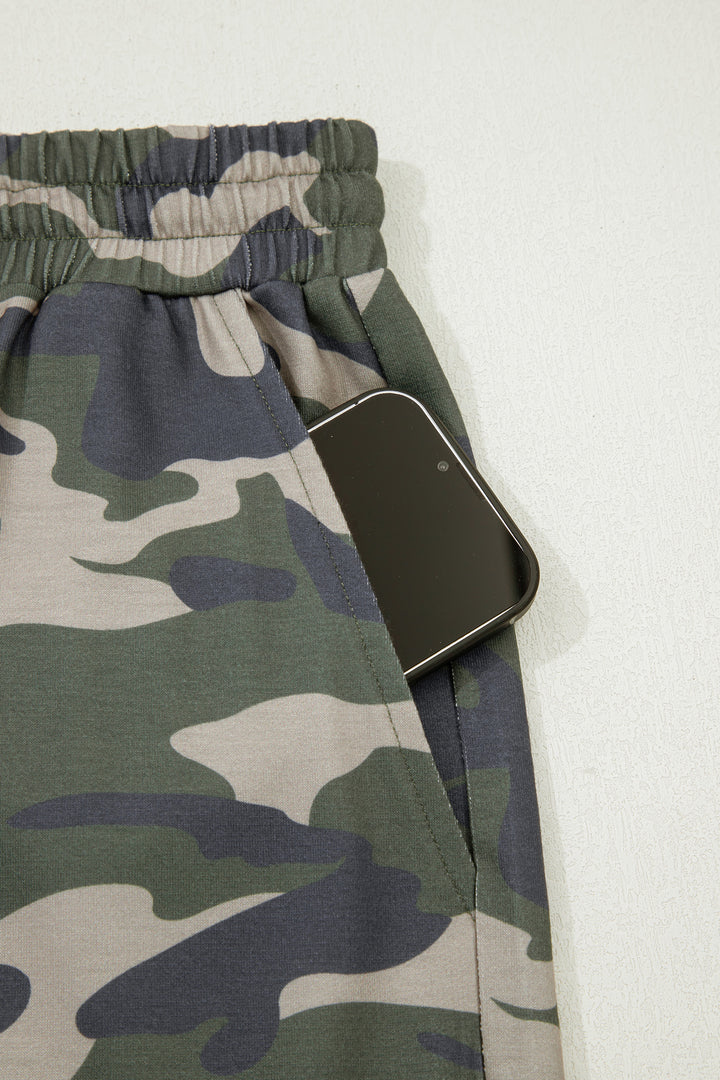 Green Tie Elastic Waist Pocketed Plus Size Camo Shorts