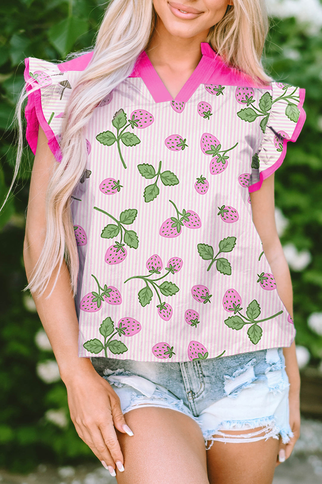 Striped Strawberry Printed Color Block Patchwork V Neck Flutter Sleeve Blouse