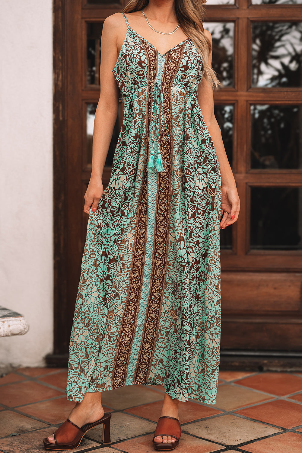 Floral Print V Neck Ruffled Trim Backless Tassel Waist Maxi Dress